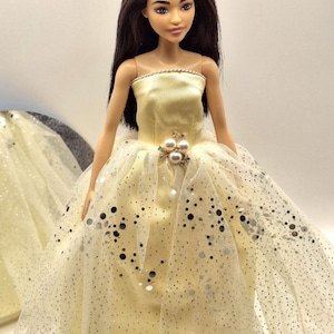 Gold Ball Gown for Doll – 1/6 Fashion Doll Dress, Handmade Evening Outfit, Sparkly Glitter Tulle Skirt, Princess Party Clothes