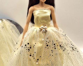 Gold Ball Gown for 1/6 Scale Fashion Doll – Glitter Tulle, Pearl Detail