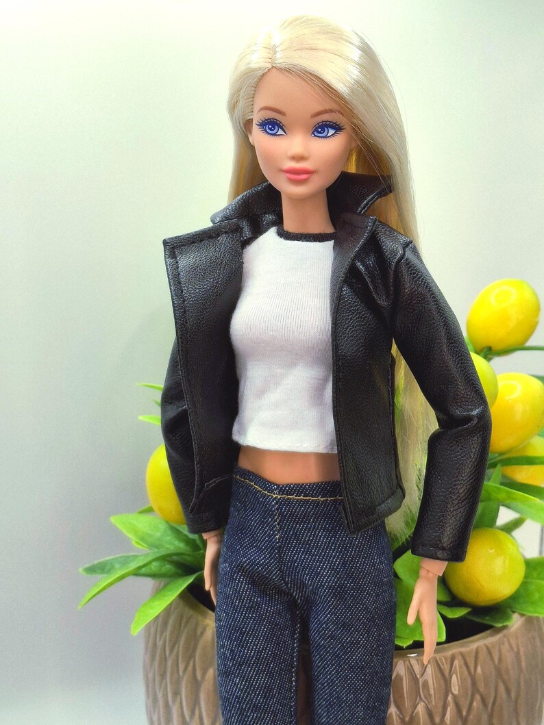 Black Faux Leather Jacket, Jeans and Top 1/6 Scale Fashion Dolls image 10