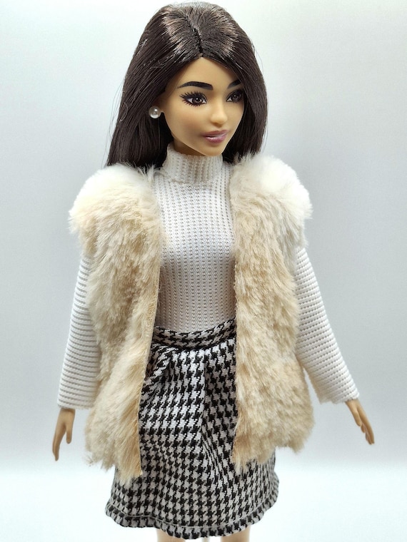 Fashion Doll Clothes Set, 1/6 Scale Sweater Dress, Faux Fur Vest & Houndstooth Beret