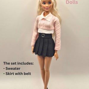 Fashion Doll Fall Outfit: Knit Sweater and Pleated Skirt - 1/6 Scale Pink White Black