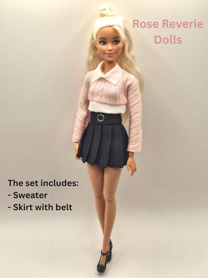 Fashion Doll Fall Outfit: Knit Sweater and Pleated Skirt - 1/6 Scale Pink White Black
