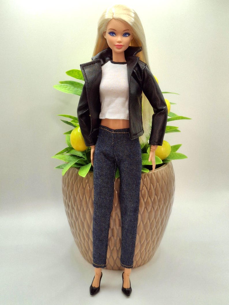 Black Faux Leather Jacket, Jeans and Top 1/6 Scale Fashion Dolls image 12