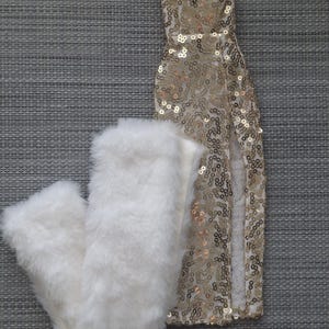 Gold Sequin Gown And Faux Fur Shawl: Doll Evening Dress - 1/6 Scale image 8