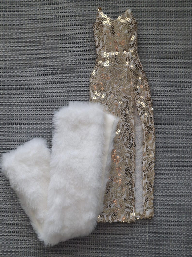 Gold Sequin Gown And Faux Fur Shawl: Doll Evening Dress - 1/6 Scale image 8