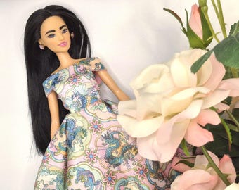 Floral Dragon Print Doll Dress Outfit: 2-Piece Fashion Doll Set - 1/6 Scale
