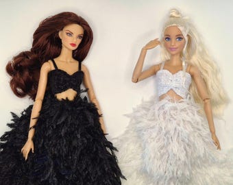 Black or White Feather Skirt and Crop Top 1/6 Doll Outfit