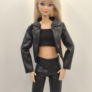 Black Faux Leather Jacket Outfit Set for 11.5–12 Inch Fashion Dolls | 1/6 Scale Doll Clothes 4-Piece Set (Jacket, Pants, Crop Top, Shoes) image 16