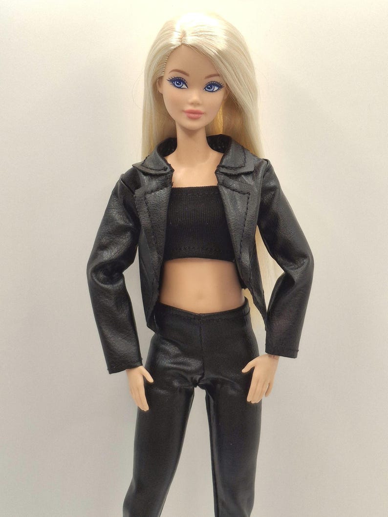 Black Faux Leather Jacket Outfit Set for 11.5–12 Inch Fashion Dolls | 1/6 Scale Doll Clothes 4-Piece Set (Jacket, Pants, Crop Top, Shoes) image 16