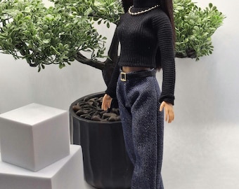 Doll Outfit Set: Black Sweater, Wide-Leg Jeans, Heels & Necklace - 1/6 Scale