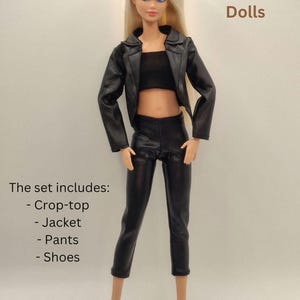 Black Faux Leather Jacket Outfit Set for 11.5–12 Inch Fashion Dolls | 1/6 Scale Doll Clothes 4-Piece Set (Jacket, Pants, Crop Top, Shoes) Set#1