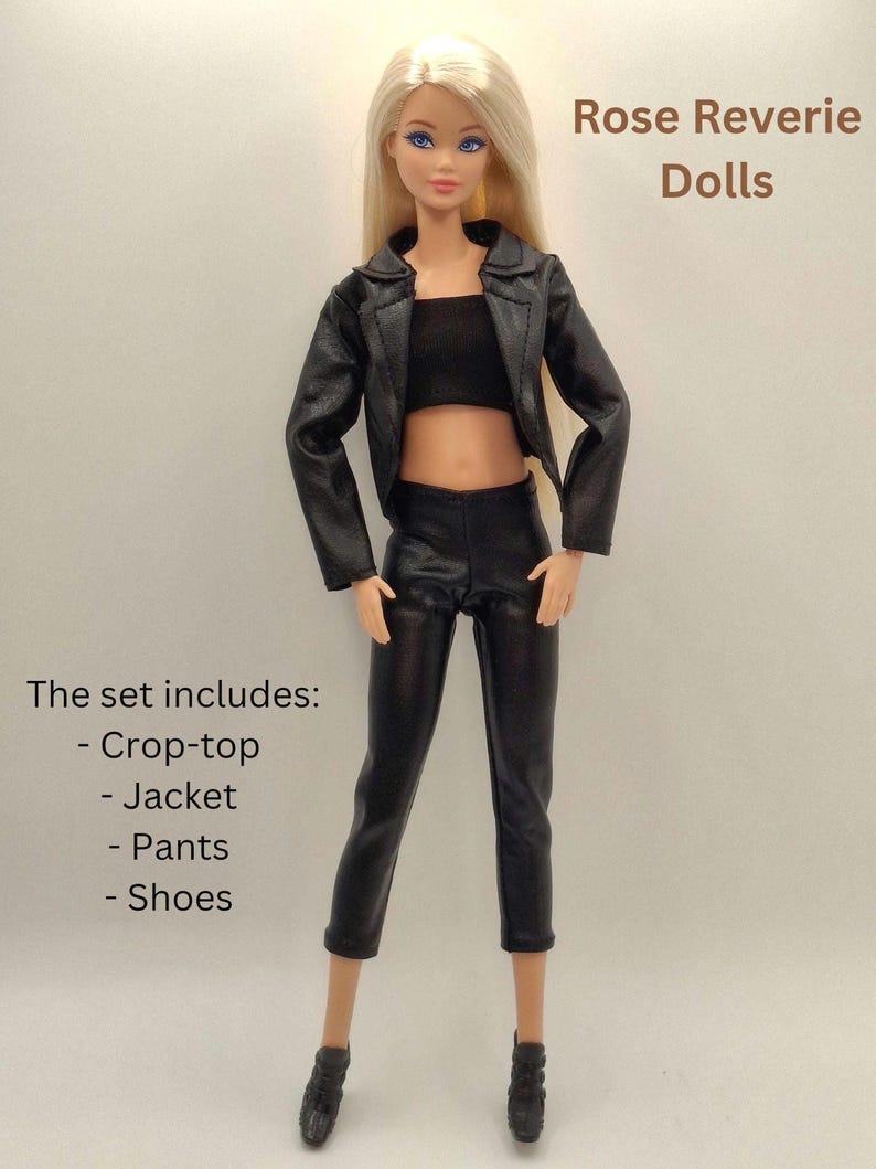 Black Faux Leather Jacket Outfit Set for 11.5–12 Inch Fashion Dolls | 1/6 Scale Doll Clothes 4-Piece Set (Jacket, Pants, Crop Top, Shoes) Set#1
