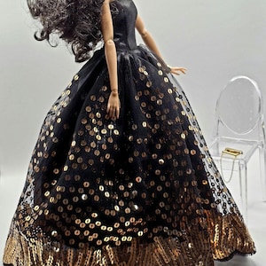 Black and Gold Sequin Ball Gown for 1/6 Fashion Dolls | Handmade Evening Dress for 11.5&quot;-12&quot; Dolls