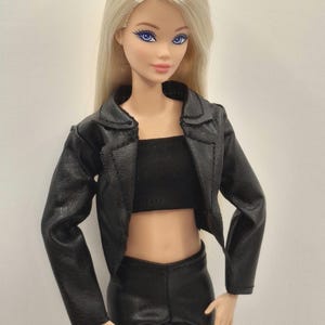 Black Faux Leather Jacket Outfit Set for 11.5–12 Inch Fashion Dolls | 1/6 Scale Doll Clothes 4-Piece Set (Jacket, Pants, Crop Top, Shoes) image 14
