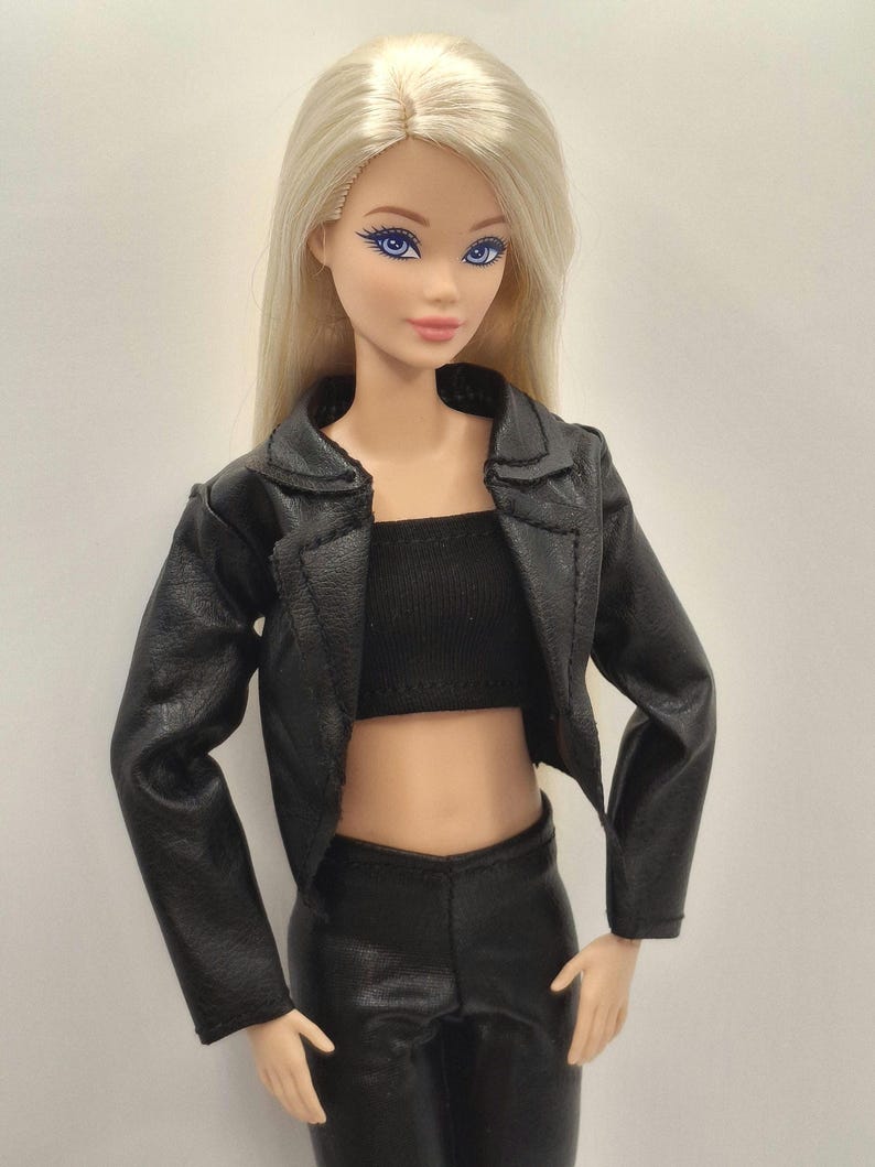 Black Faux Leather Jacket Outfit Set for 11.5–12 Inch Fashion Dolls | 1/6 Scale Doll Clothes 4-Piece Set (Jacket, Pants, Crop Top, Shoes) image 14