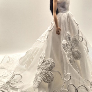 Handmade White Wedding Dress for 11.5-12&quot; Fashion Dolls: 3D Floral Bridal Gown