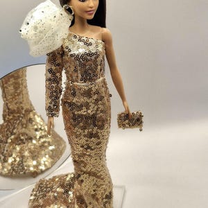 Handmade Sequin Gold Evening Gown and Clutch:Fashion Doll Dress | 1/6 Scale