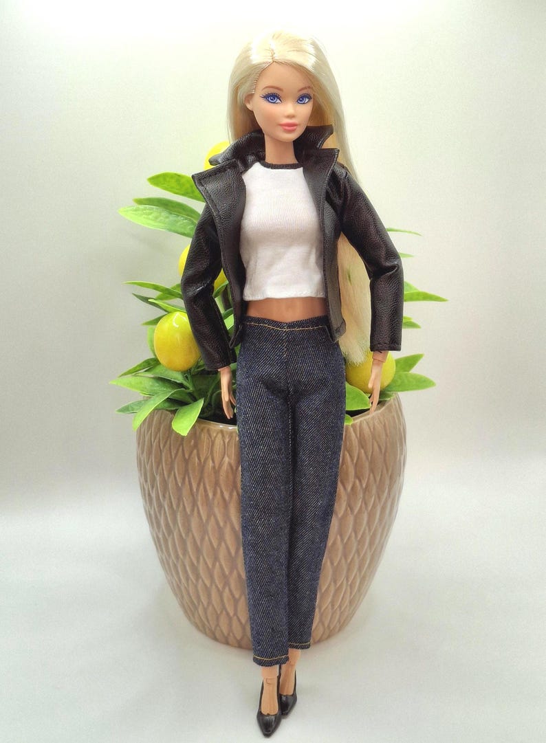 Black Faux Leather Jacket, Jeans and Top 1/6 Scale Fashion Dolls image 3