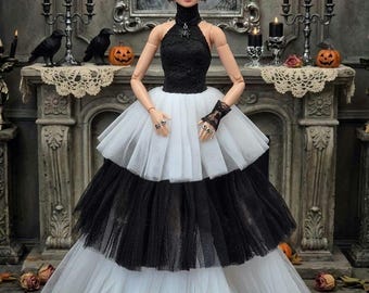 Black White Tulle Formal Gown for 1/6 Scale Fashion Dolls