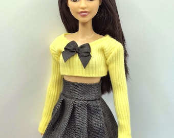 Yellow Sweater and Black Skirt Outfit for 1/6 Fashion Dolls | 2 Piece Doll Clothes Set