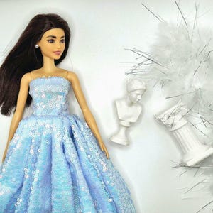 Sparkly Blue Sequin Dress with Feather Boa for 1/6 Fashion Dolls | Handmade Evening Doll Outfit