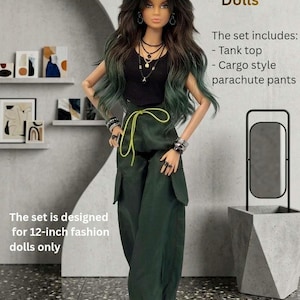May include: A fashion doll with long dark hair featuring green highlights, wearing a black tank top, dark green cargo-style parachute pants with a neon yellow drawstring, and layered necklaces. Text reads: Rose Reverie Dolls, The set includes: Tank top, Cargo style parachute pants, The set is designed for 12-inch fashion dolls only.