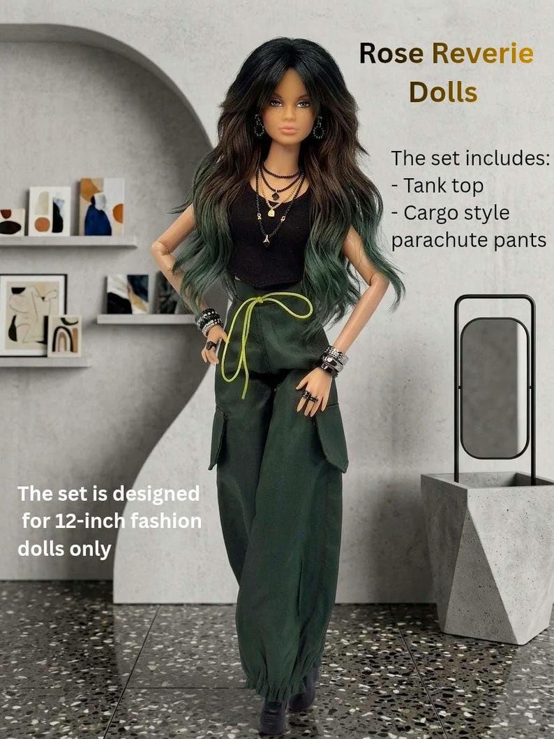 May include: A fashion doll with long dark hair featuring green highlights, wearing a black tank top, dark green cargo-style parachute pants with a neon yellow drawstring, and layered necklaces. Text reads: Rose Reverie Dolls, The set includes: Tank top, Cargo style parachute pants, The set is designed for 12-inch fashion dolls only.