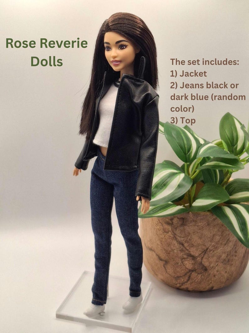 Black Faux Leather Jacket, Jeans and Top 1/6 Scale Fashion Dolls image 2