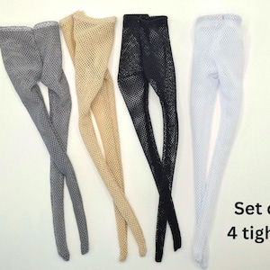 May include: Set of four tights in various colors: gray, tan, black, and white. Each pair of tights has a fishnet design. The text "Set of 4 tights" is visible in the lower right corner.