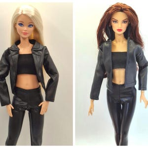 Black Faux Leather Jacket Outfit Set for 11.5–12 Inch Fashion Dolls | 1/6 Scale Doll Clothes 4-Piece Set (Jacket, Pants, Crop Top, Shoes) image 1
