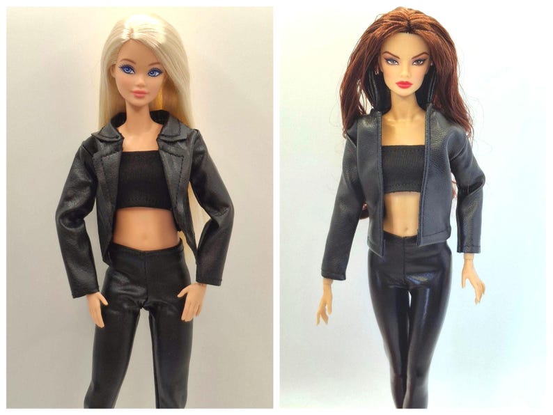 Black Faux Leather Jacket Outfit Set for 11.5–12 Inch Fashion Dolls | 1/6 Scale Doll Clothes 4-Piece Set (Jacket, Pants, Crop Top, Shoes) image 1