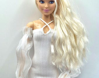 Ribbed Knit Doll Dress with Chiffon Sleeves - 1/6 Scale Fashion Doll Outfit