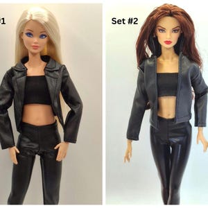 Black Faux Leather Jacket Outfit Set for 11.5–12 Inch Fashion Dolls | 1/6 Scale Doll Clothes 4-Piece Set (Jacket, Pants, Crop Top, Shoes) image 2