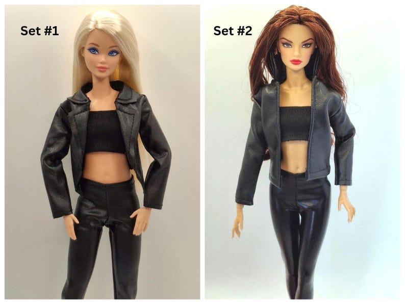 Black Faux Leather Jacket Outfit Set for 11.5–12 Inch Fashion Dolls | 1/6 Scale Doll Clothes 4-Piece Set (Jacket, Pants, Crop Top, Shoes) image 2