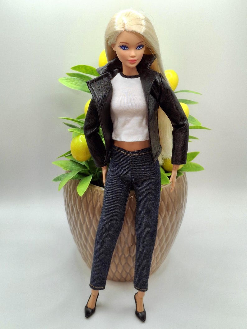 Black Faux Leather Jacket, Jeans and Top 1/6 Scale Fashion Dolls image 8
