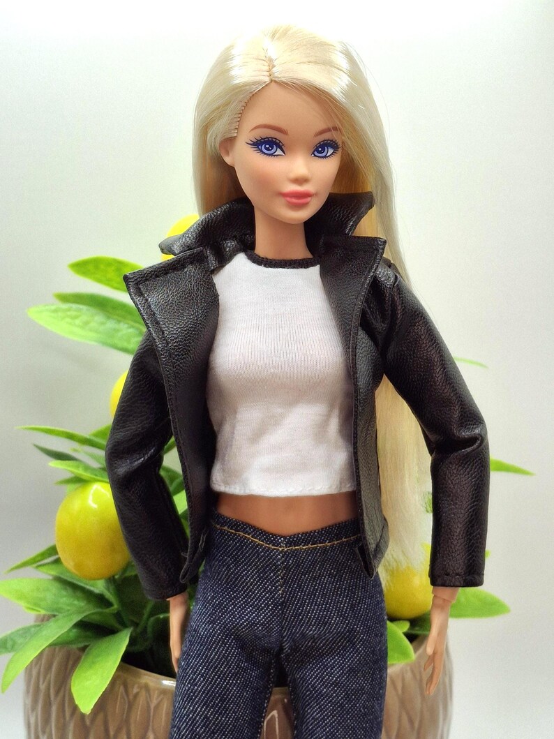 Black Faux Leather Jacket, Jeans and Top 1/6 Scale Fashion Dolls image 5