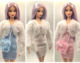 Doll Outfit Set, Faux Fur Jacket, Knit Dress, Hat, Boots & Bag, Fits 11.5" Dolls
