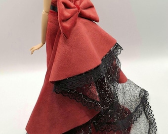 Burgundy Velvet Evening Gown for Fashion Dolls: 3-Piece Doll Outfit Set 1/6 Scale