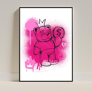 Graffiti Bear Wall Art | Pink Glamour Prints | Room Decor | Graffiti Digital Wall Art | Printable Poster | Street Pop Art | Graffiti Prints