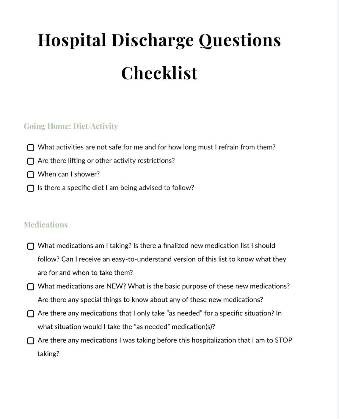 Hospital Discharge Checklist Printable: Questions to Ask Before Leaving ...