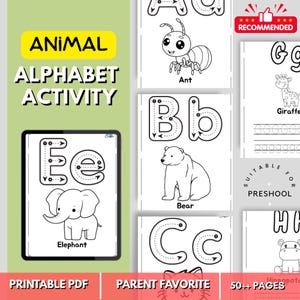 Hojas de trabajo de trazado del alfabeto A-Z para preescolar / Práctica de letras de animales imprimible / Hojas de escritura a mano en PDF para niños