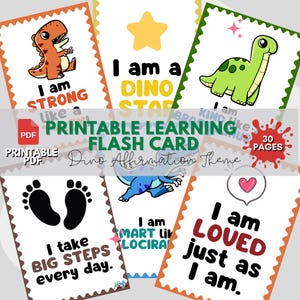 Schede didattiche stampabili con affermazioni sui dinosauri per bambini - PDF da 30 pagine / Apprendimento positivo, decorazioni motivazionali per l'aula