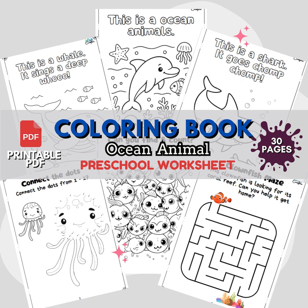 Ocean Animal Coloring Book – 30 Printable Pages for Kids, Underwater ...