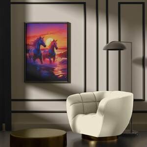 Sonnenuntergang Pferd Wandbild - Bunter Strandpferdedruck - Wilde Pferde Digital Poster - Lebendige Ozean Tier Kunst - Laufende Pferde Kunstwerk