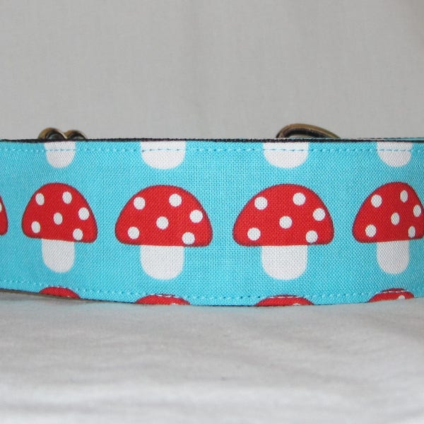 SALE Mushroom Martingale Dog Collar - 1.5 or 2 Inch - blue red white polka dot fungus food fun