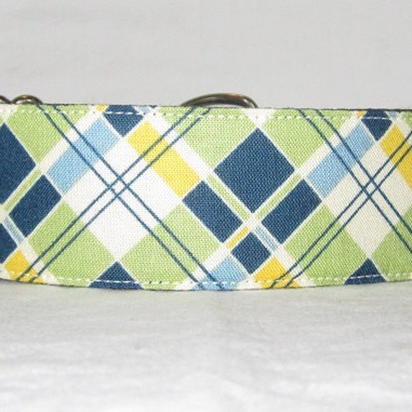 Spring Plaid Martingale Dog Collar - 1.5 Inch - navy blue cream green light yellow colorful diagonal square