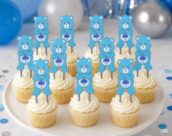 Grumpy Bear Inspired Care Bear Cupcake Toppers, Blue Rain Cloud Birthday Party Decor, Set of 6 or 12
