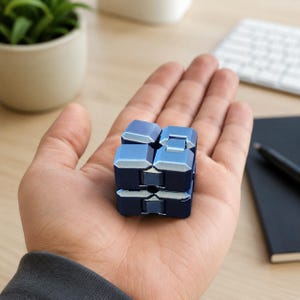 Puede incluir: Un cubo infinito de juguete de color azul metálico compuesto por ocho bloques pequeños conectados. El cubo presenta un acabado liso y reflectante con bordes y bisagras en tono plateado, diseñado para plegarse en diversas formas geométricas.