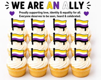 Nonbinary Pride Flag Cupcake Toppers – LGBTQ+ Party Decorations – Pride Decor – Set 6 or 12