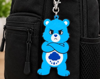 Grumpy Bear Inspired Keychain | Blue Bear Keychain | Care Bear Inspired Bag Charm | 3D Printed Backpack Charm | Nostalgic Cartoon Gift